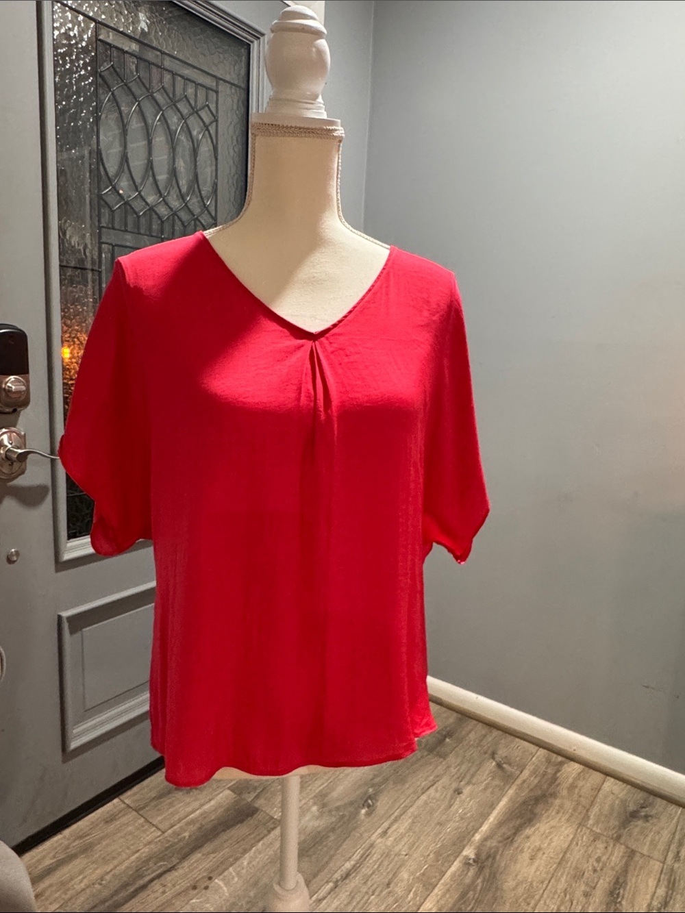 Women's Coral Silk V-Neck Short Sleeve Top with open back